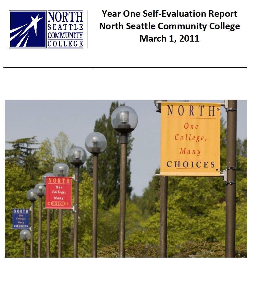 2011 Year One accreditation report cover showing photo of the light posts on campus.