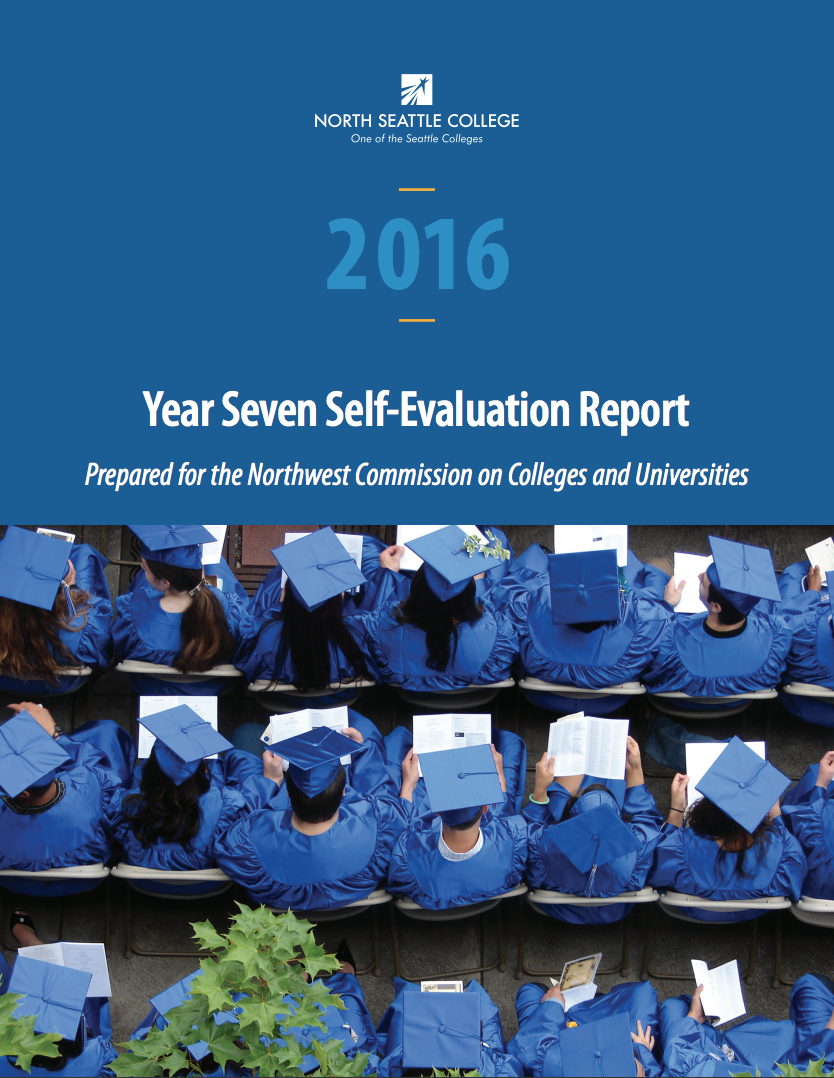 2016 Accreditation report cover with an aerial shot of students in their blue graduation caps and gowns.